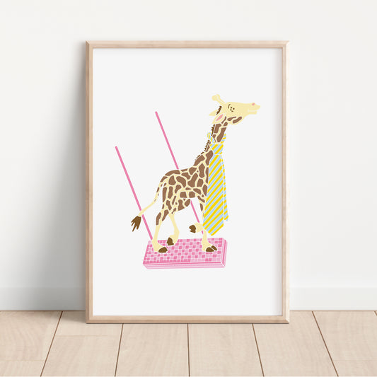 Giraffe on a Pink Wafer Trapeze - Circus Tea Party Print
