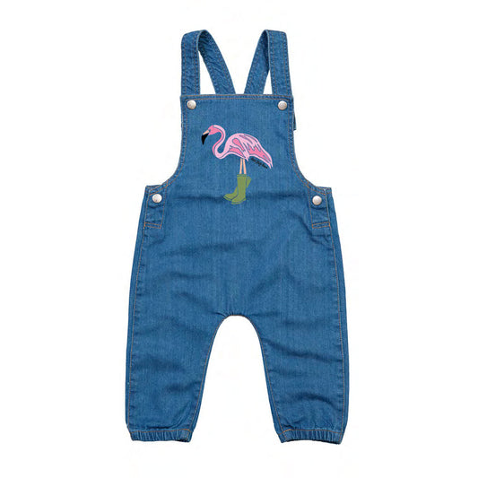 Organic Cotton Kids Denim Dungarees - Flamingo in Wellies