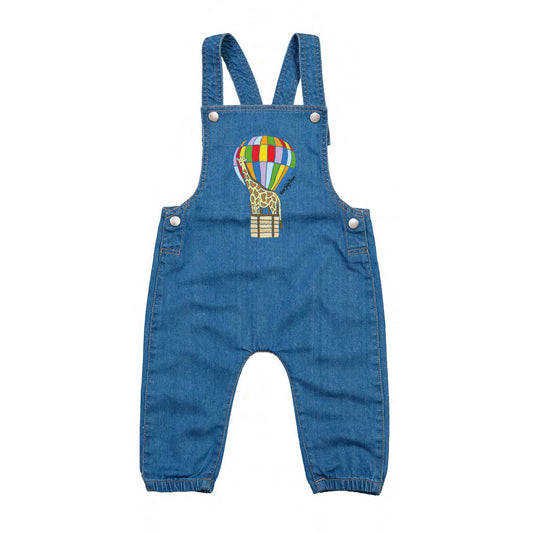 Organic Cotton Kids Denim Dungarees - Giraffe in a Hot Air Balloon