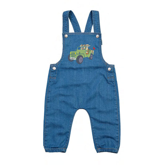 Organic Cotton Kids Denim Dungarees - Meerkats in Jeep