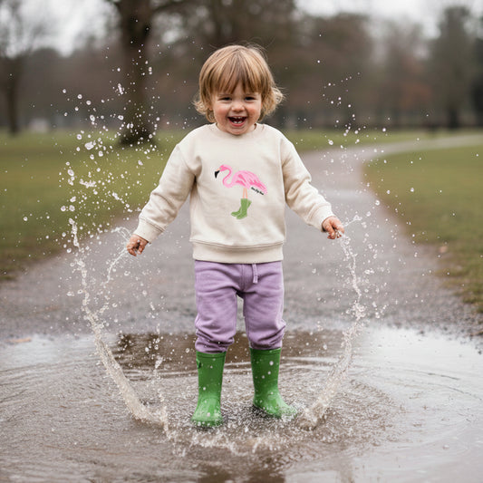 Organic Cotton Kids Sweatshirt - Flamingo in Wellies
