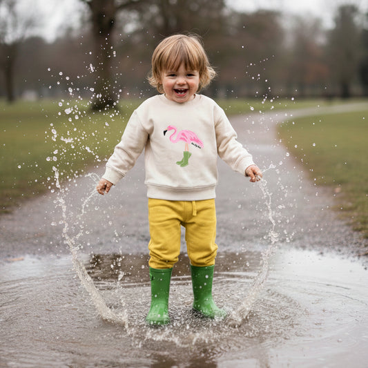 Organic Cotton Kids Sweatshirt - Flamingo in Wellies